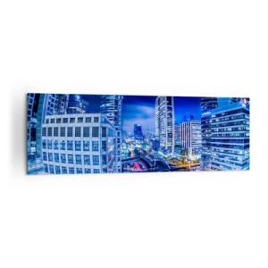 Impression sur toile - Image sur toile - Panorama nocturne de la ville avec gratte-ciels et lampadaires - 160x50cm - Rythmes de la ville nocturne - Décoration murale moderne pour le salon et la chambre ARTTOR