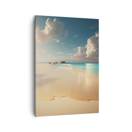 Impression sur toile - Image sur toile - Une plage ensoleillée avec une mer bleue et des rochers - 50x70cm - Une journée de rêve - Décoration murale moderne pour le salon et la chambre ARTTOR