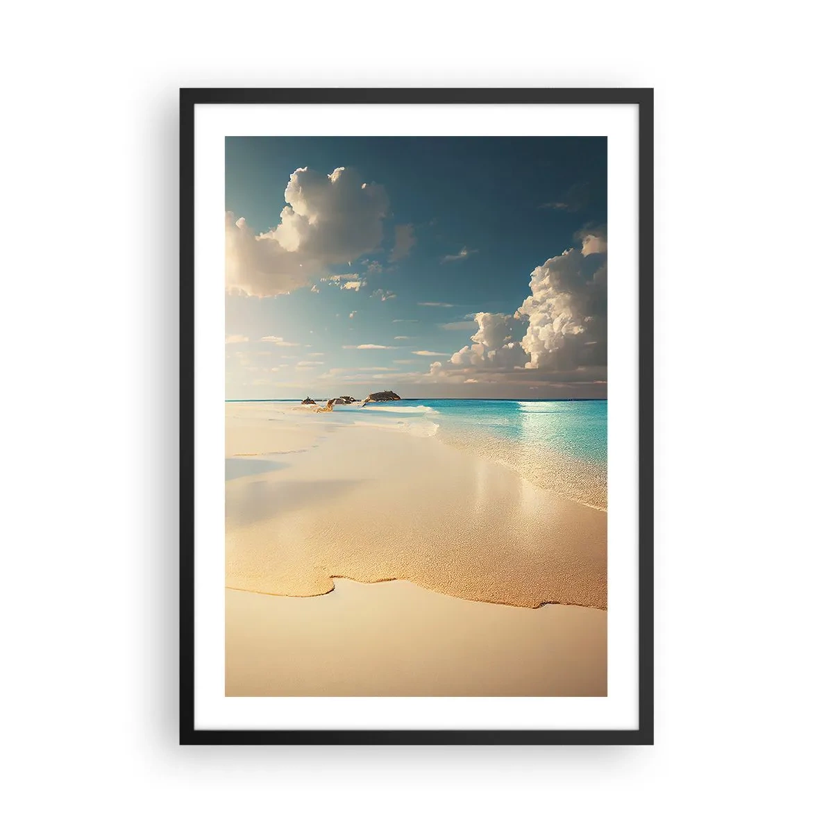 Affiche dans un cadre noir - Poster - Une plage aux eaux turquoises, aux nuages délicats et au sable - 50x70cm - Une journée de rêve - Décoration murale moderne pour le salon et la chambre ARTTOR