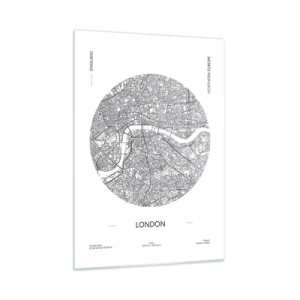 Impression sur verre - Image sur verre - Une carte détaillée de Londres dans un style graphique noir et blanc. - 50x70cm - Anatomie de Londres - Décoration murale moderne pour le salon et la chambre ARTTOR