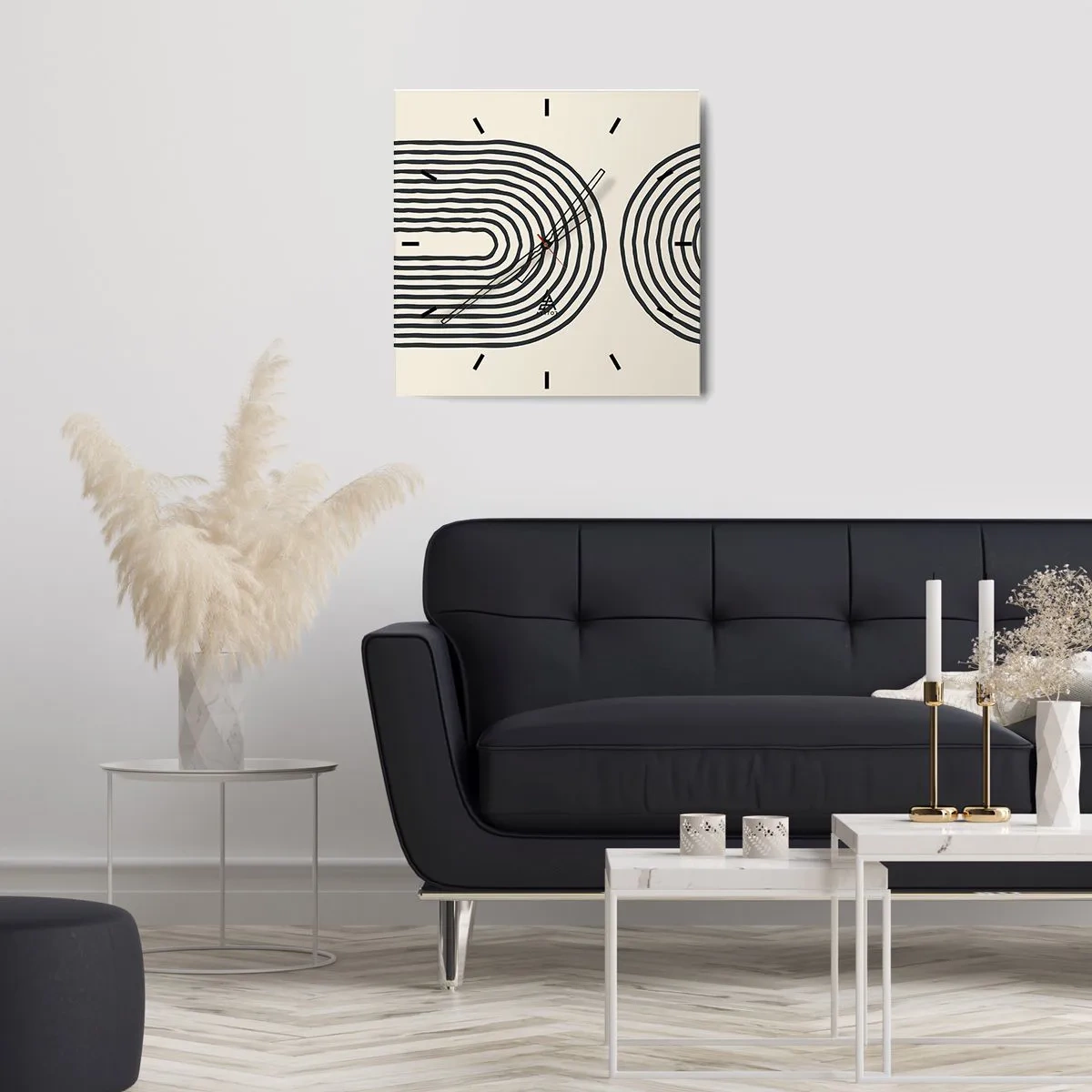 Horloge murale - Pendule murale - Motif géométrique abstrait avec des lignes symétriques sur un fond clair - 30x30cm - Dans un instant... - Décoration murale moderne pour le salon et la chambre ARTTOR