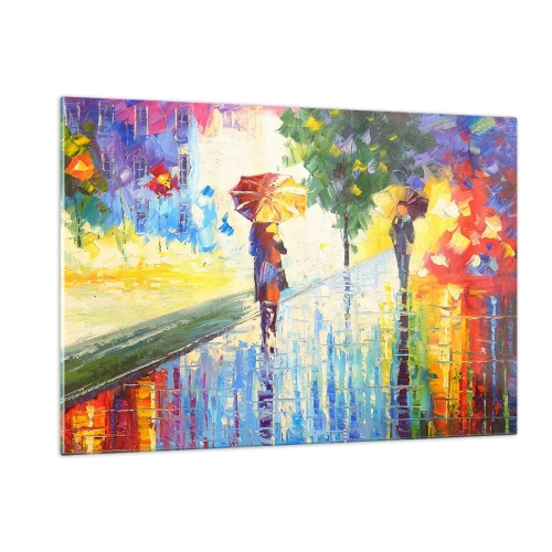 Impression sur verre - Image sur verre - Une promenade colorée sous la pluie avec un parapluie impressionniste - 120x80cm - Et tout est clair - Décoration murale moderne pour le salon et la chambre ARTTOR