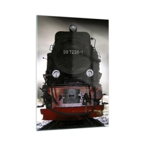 Impression sur verre - Image sur verre - Une locomotive à vapeur entourée de vapeur et de lumière - 50x70cm - Il se lève et siffle, halète et souffle - Décoration murale moderne pour le salon et la chambre ARTTOR