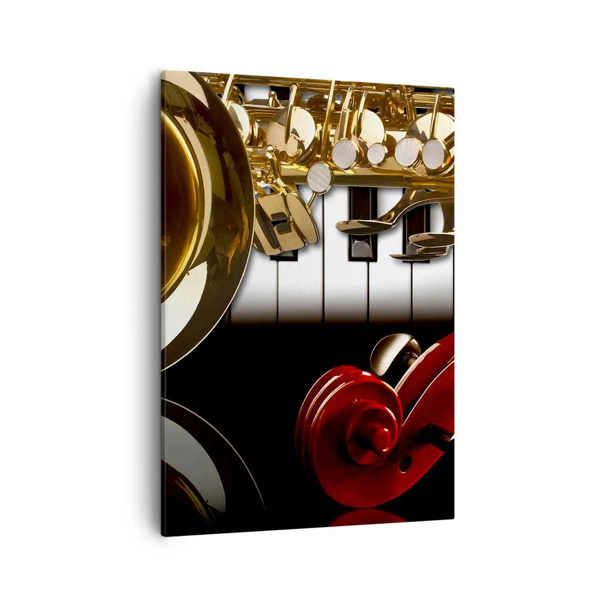 Impression sur toile - Image sur toile - Un saxophone doré, des touches de piano et un violon rouge - 50x70cm - Tôle, bois et ivoire - Décoration murale moderne pour le salon et la chambre ARTTOR