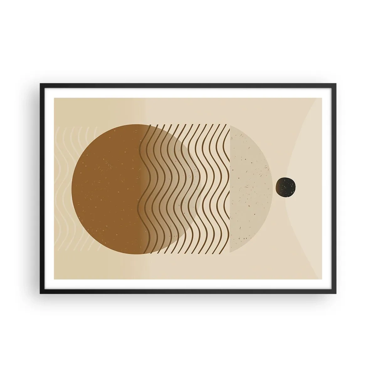 Affiche dans un cadre noir - Poster - Abstraction géométrique avec des cercles et des lignes ondulées aux couleurs chaudes. - 100x70cm - Sur l'origine des figures géométriques - Décoration murale moderne pour le salon et la chambre ARTTOR