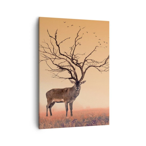 Impression sur toile - Image sur toile - Un graphique de cerf fantaisie avec des branches au lieu de bois - 50x70cm - Cerf de Pra - l'esprit éternel de la forêt - Décoration murale moderne pour le salon et la chambre ARTTOR