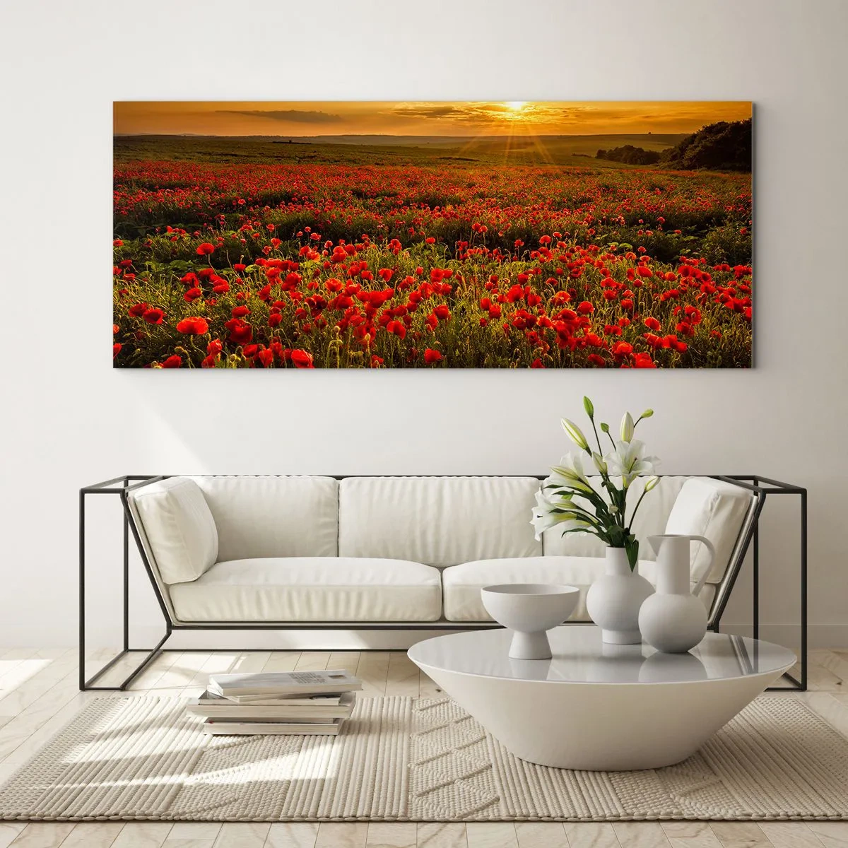Impression sur verre - Image sur verre - Un champ de coquelicots rouges dans la lueur du soleil couchant - 160x50cm - Parmi les vagues des prairies bruissantes, parmi les fleurs du déluge - Décoration murale moderne pour le salon et la chambre ARTTOR