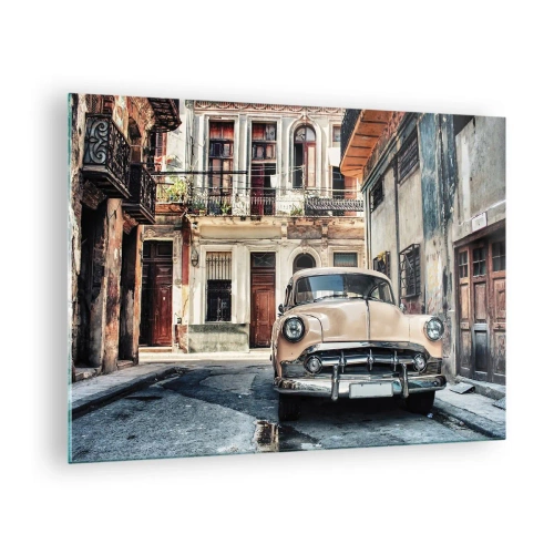 Impression sur verre - Image sur verre - Voiture rétro dans la rue de la vieille ville - 70x50cm - Sieste à La Havane - Décoration murale moderne pour le salon et la chambre ARTTOR