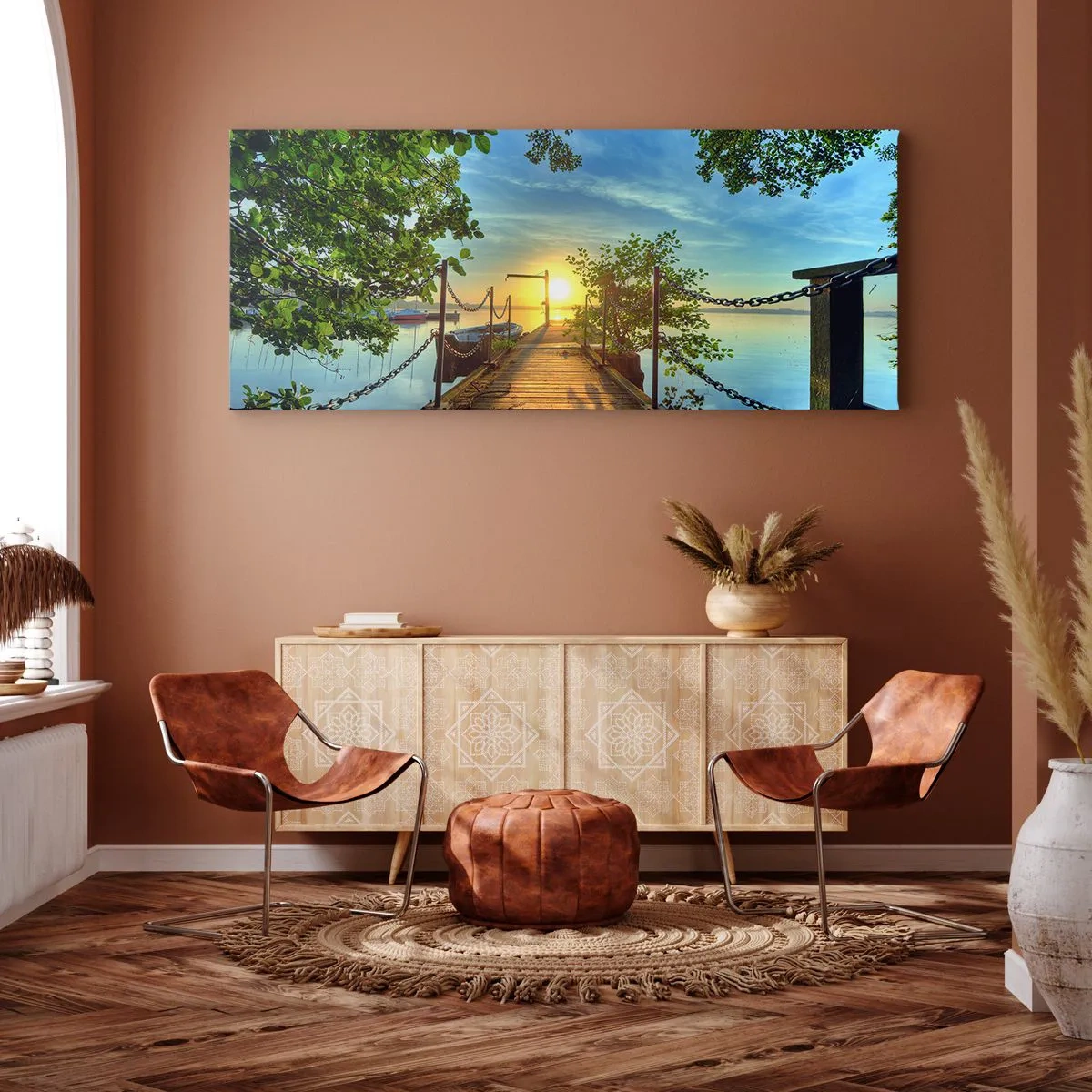 Impression sur toile - Image sur toile - Une jetée sur le lac dans les rayons du soleil couchant - 120x50cm - L'ouest au-dessus de l'eau - Décoration murale moderne pour le salon et la chambre ARTTOR