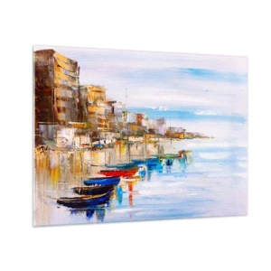 Impression sur verre - Image sur verre - Bateaux colorés amarrés au quai de la ville - 70x50cm - Un havre urbain multicolore - Décoration murale moderne pour le salon et la chambre ARTTOR