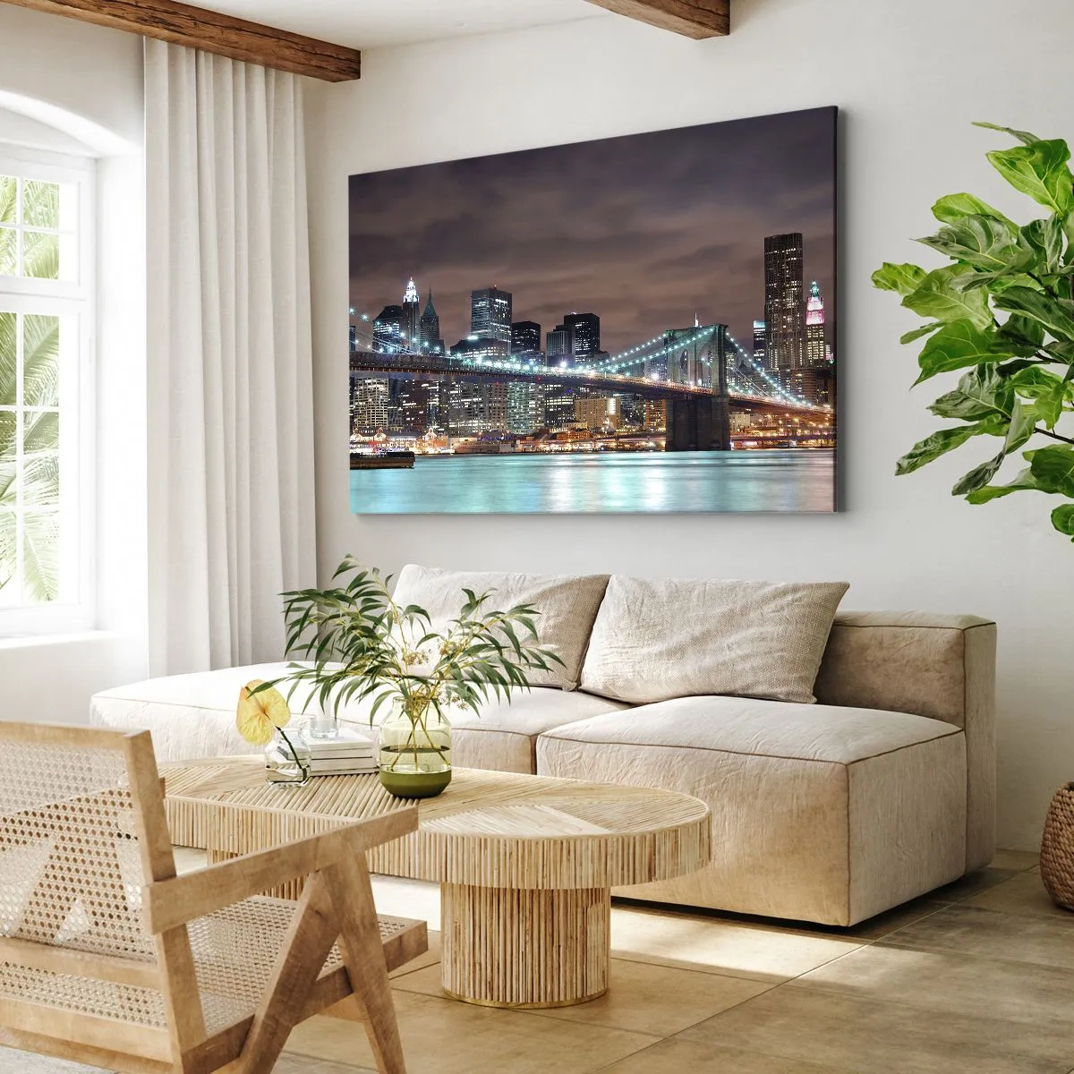 Impression sur toile - Image sur toile - Le pont illuminé la nuit sur fond de panorama urbain moderne - 70x50cm - Lumières des grandes villes - Décoration murale moderne pour le salon et la chambre ARTTOR