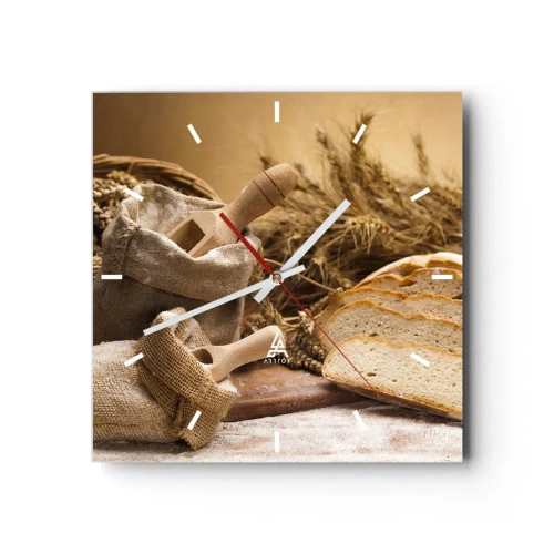 Horloge murale - Pendule murale - Un paysage avec du pain, de la farine et des épis de blé dans un style rustique. - 30x30cm - Comment il coupe avec un couteau - Décoration murale moderne pour le salon et la chambre ARTTOR
