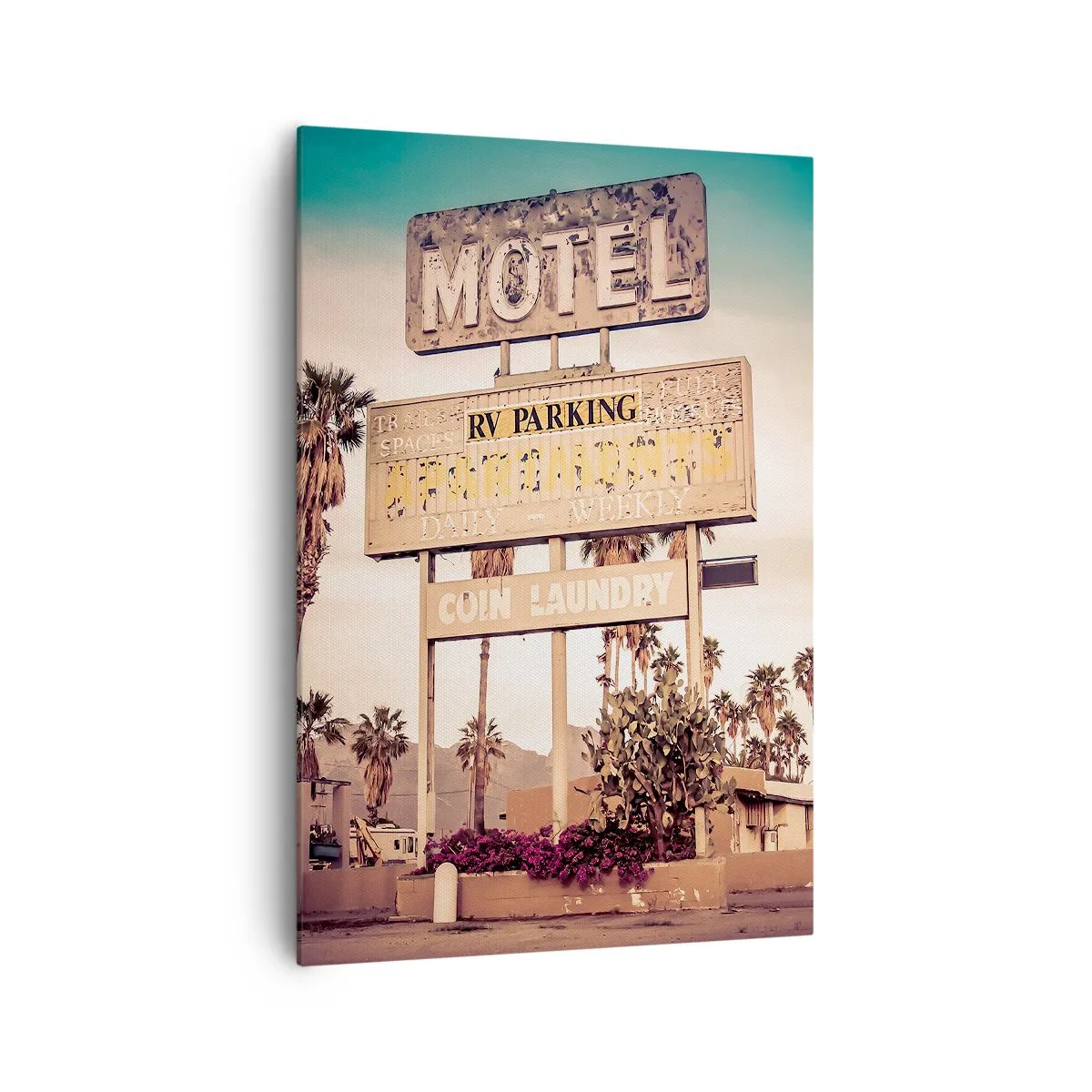 Impression sur toile - Image sur toile - Panneau de motel rétro entouré de palmiers - 70x100cm - Ici, le temps s'est arrêté - Décoration murale moderne pour le salon et la chambre ARTTOR
