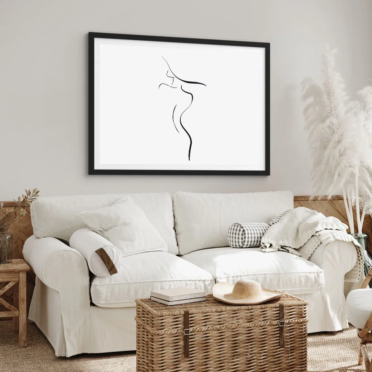 Affiche dans un cadre noir - Poster - Contour minimaliste d'une silhouette féminine sur fond blanc - 70x50cm - Insaisissable comme une vague - Décoration murale moderne pour le salon et la chambre ARTTOR