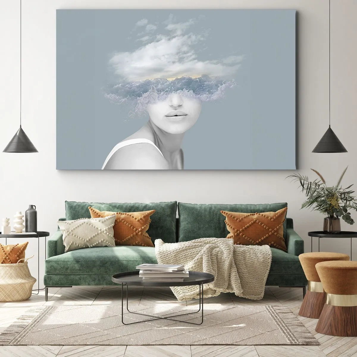 Impression sur toile - Image sur toile - Portrait d'une femme avec son visage caché derrière les nuages et les vagues - 70x50cm - La tête dans les nuages - Décoration murale moderne pour le salon et la chambre ARTTOR