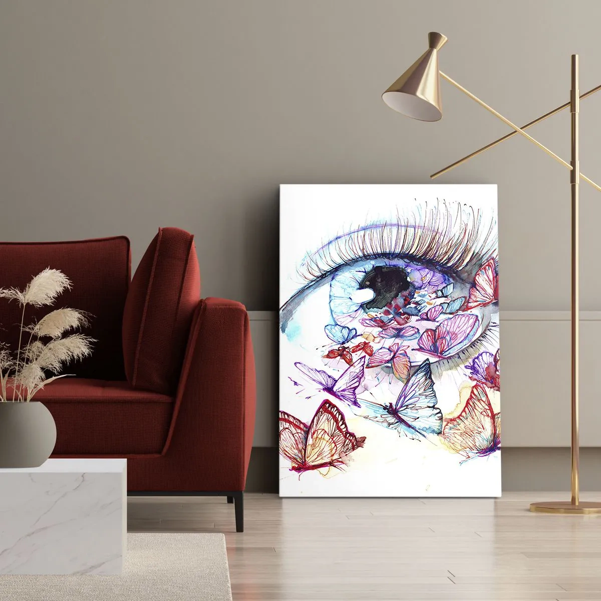 Impression sur toile - Image sur toile - Un œil aquarelle entouré de papillons colorés - 80x120cm - Charme des yeux de conte de fées - Décoration murale moderne pour le salon et la chambre ARTTOR