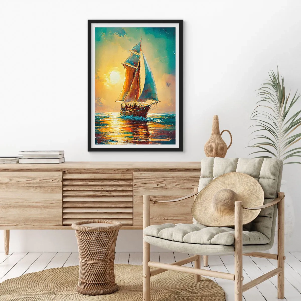 Affiche dans un cadre noir - Poster - Un voilier sur fond de coucher de soleil doré - 50x70cm - Toutes voiles dehors - Décoration murale moderne pour le salon et la chambre ARTTOR