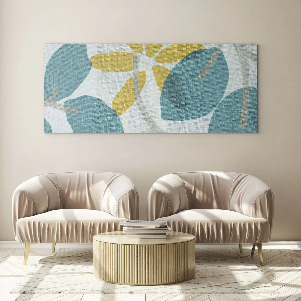 Impression sur verre - Image sur verre - Feuilles aux tons turquoise et jaune sur fond clair - 160x50cm - Wśród lazurowych liści - Décoration murale moderne pour le salon et la chambre ARTTOR