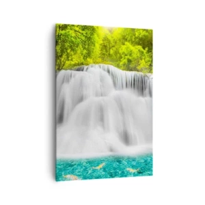 Impression sur toile - Image sur toile - Une cascade dans une forêt tropicale avec de l'eau turquoise - 70x100cm - Une cascade mousseuse du vert à l'azur - Décoration murale moderne pour le salon et la chambre ARTTOR