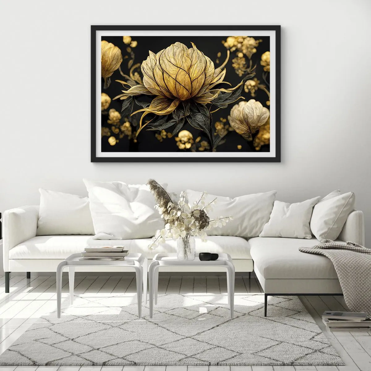 Affiche dans un cadre noir - Poster - Fleur dorée sur fond sombre - 70x50cm - Fragilité subtile - Décoration murale moderne pour le salon et la chambre ARTTOR