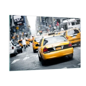 Impression sur verre - Image sur verre - Des taxis jaunes dans les rues de New York dans l'agitation de la ville - 120x80cm - Seulement dans cette ville - Décoration murale moderne pour le salon et la chambre ARTTOR