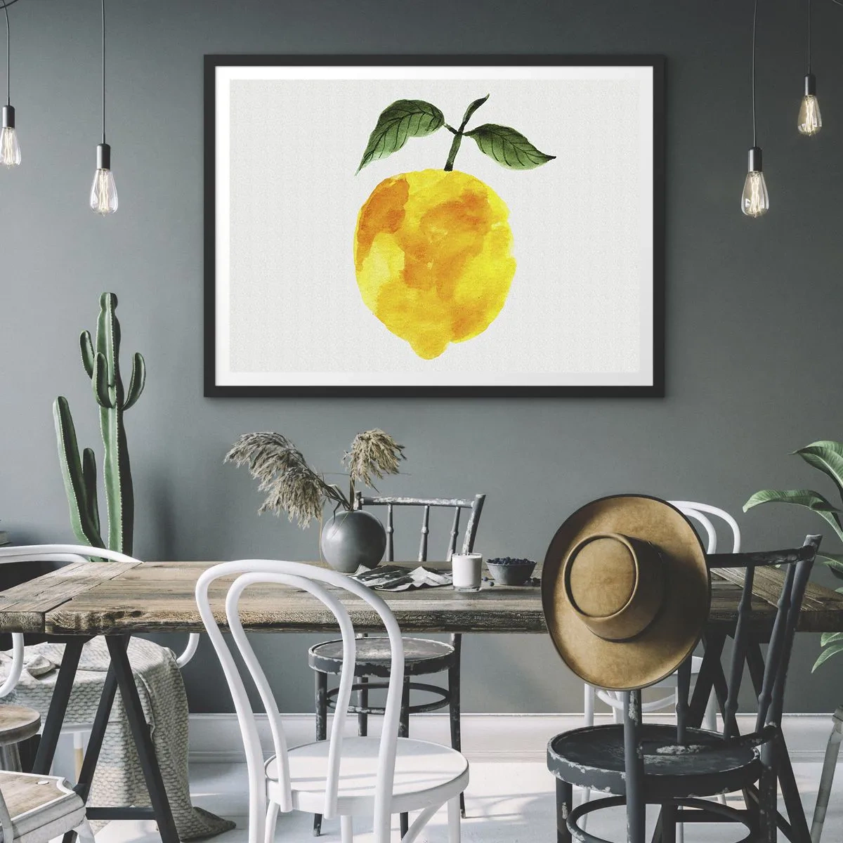 Affiche dans un cadre noir - Poster - Citron aquarelle avec des feuilles vertes sur fond clair - 70x50cm - Comment reconnaitre le goût du soleil - Décoration murale moderne pour le salon et la chambre ARTTOR