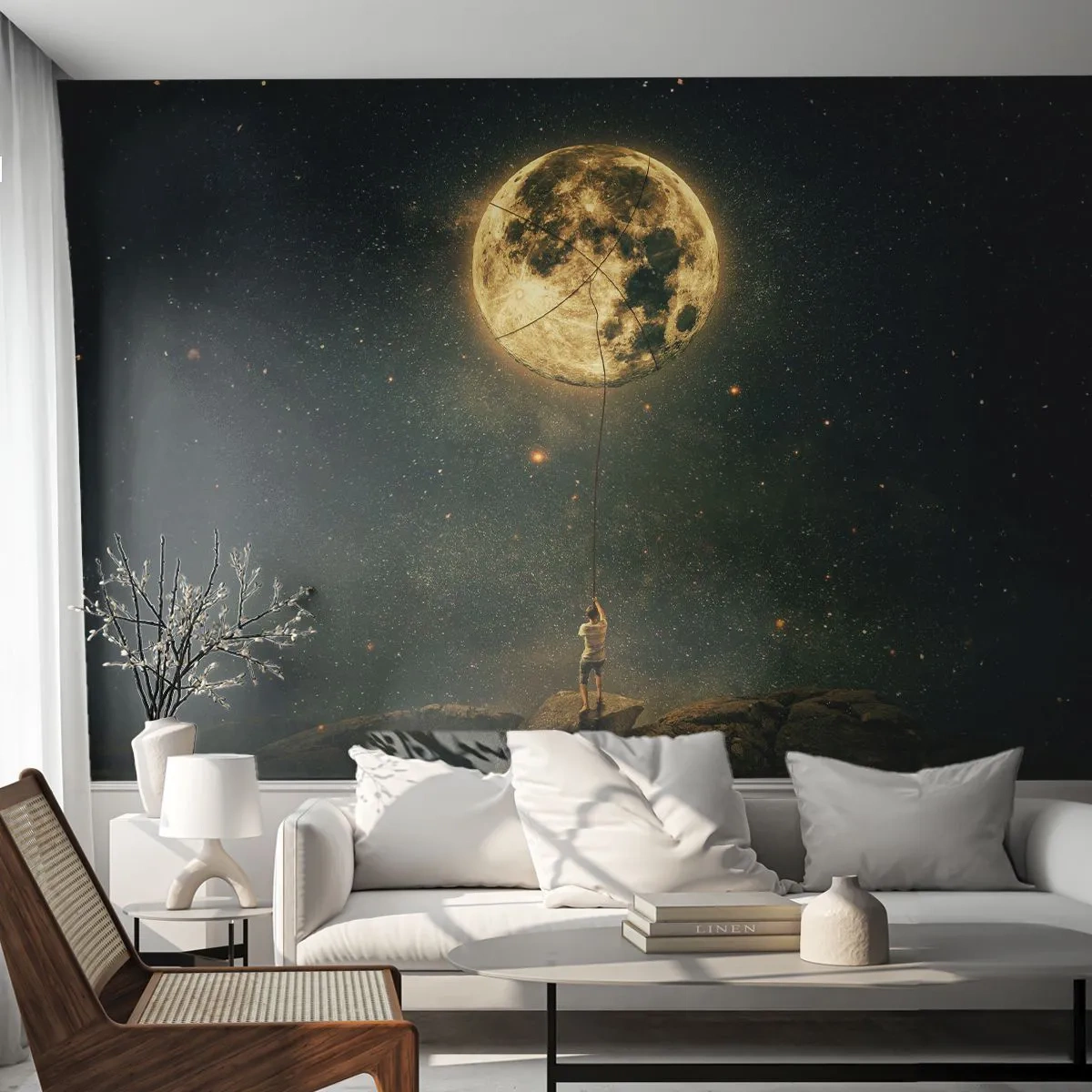 Papier Peint Autocollant Deluxe Sticker - Celui qui a volé la lune - Lune, Étoiles, Imagination - 250x175 cm