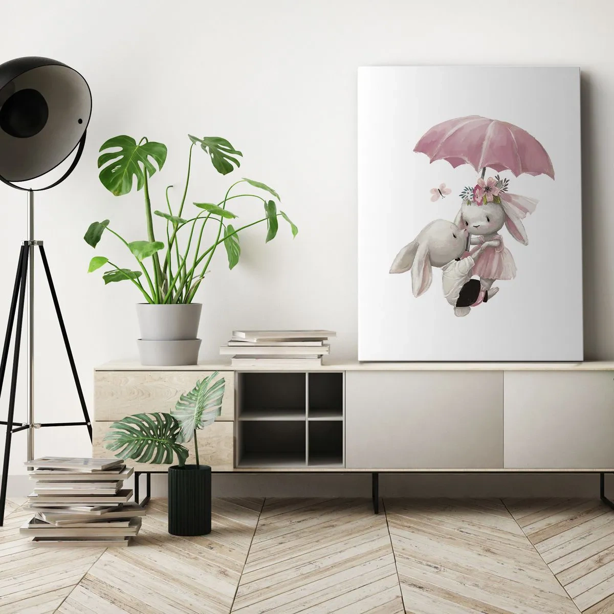 Impression sur toile - Image sur toile - Des lapins mignons sous un parapluie rose - 50x70cm - C'est ça l'amour - Décoration murale moderne pour le salon et la chambre ARTTOR