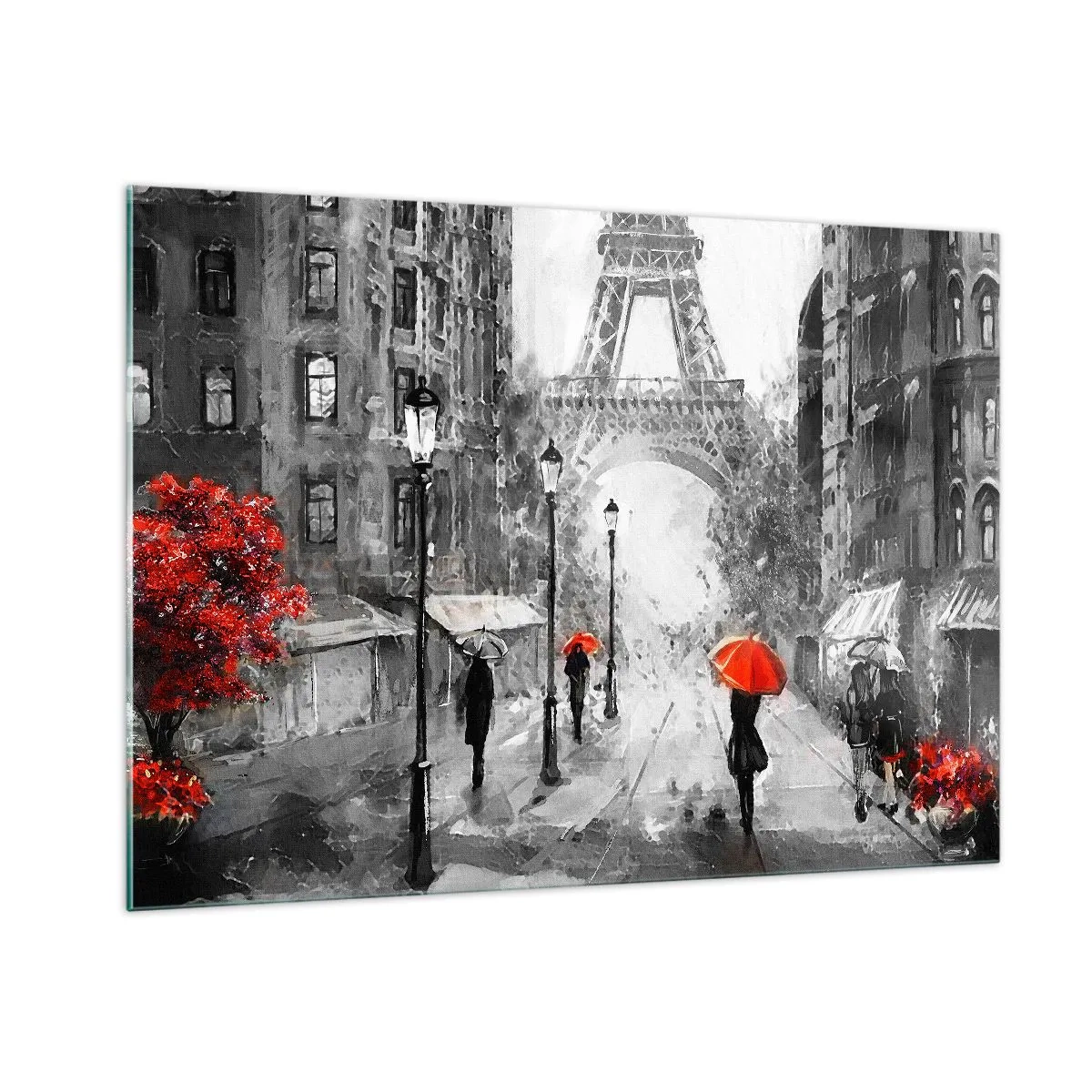 Impression sur verre - Image sur verre - La Tour Eiffel dans un paysage monochrome aux accents rouges - 100x70cm - Tous les chemins mènent à elle - Décoration murale moderne pour le salon et la chambre ARTTOR
