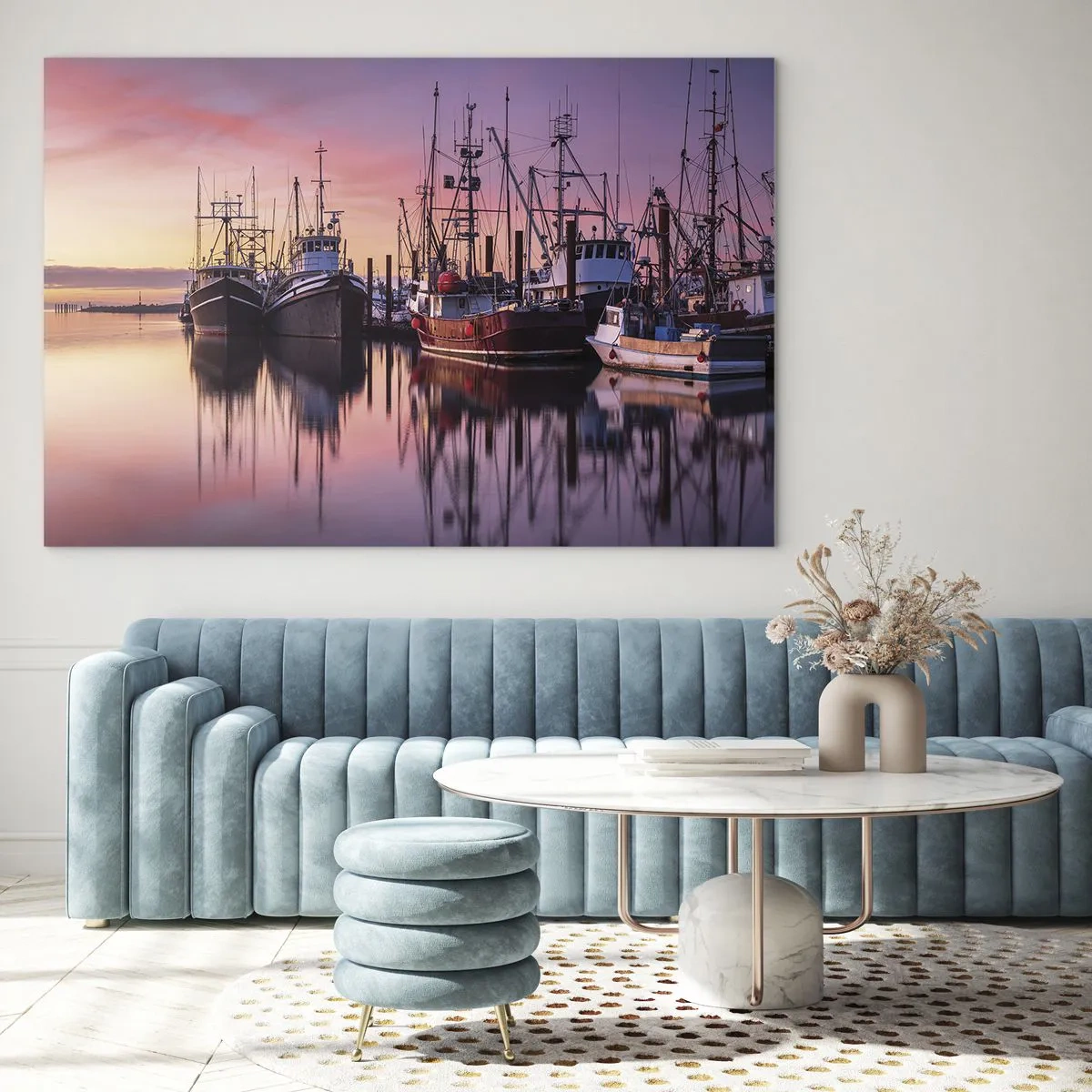 Impression sur verre - Image sur verre - Bateaux de pêche au coucher du soleil dans un port tranquille - 70x50cm - Avant le jour suivant - Décoration murale moderne pour le salon et la chambre ARTTOR