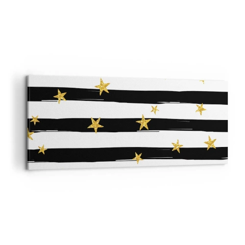 Impression sur toile - Image sur toile - Rayures noires et blanches avec étoiles dorées - 120x50cm - Nous sommes tous nés sous une bonne étoile - Décoration murale moderne pour le salon et la chambre ARTTOR