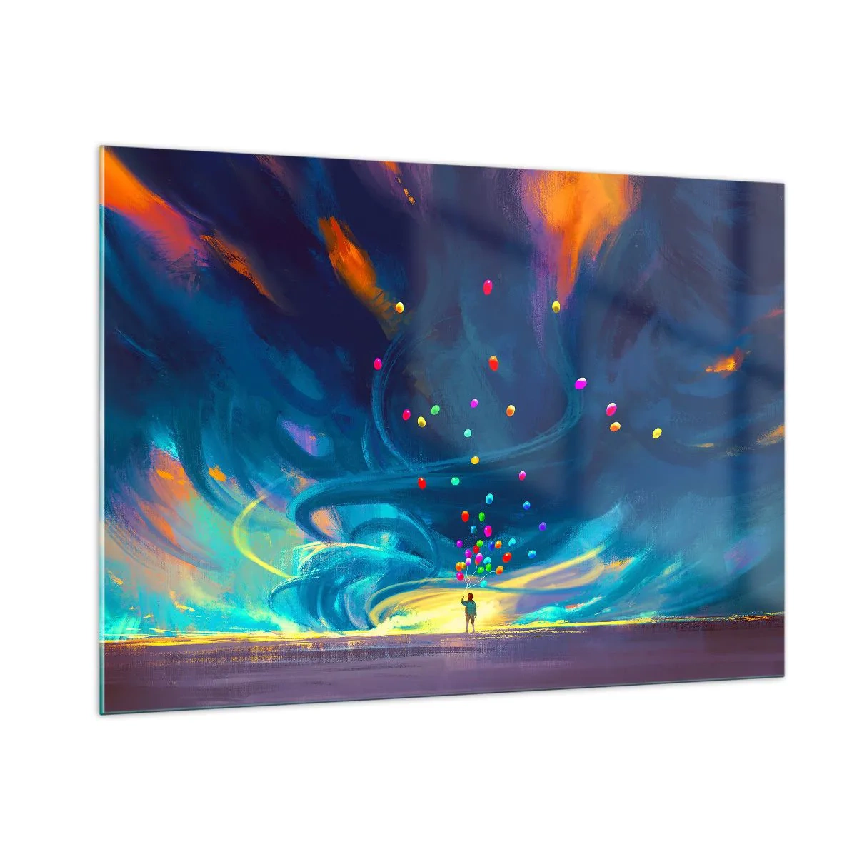 Impression sur verre - Image sur verre - Une personne tenant des ballons colorés sur un fond de vent bleu. - 100x70cm - Au vent bleu ciel - Décoration murale moderne pour le salon et la chambre ARTTOR