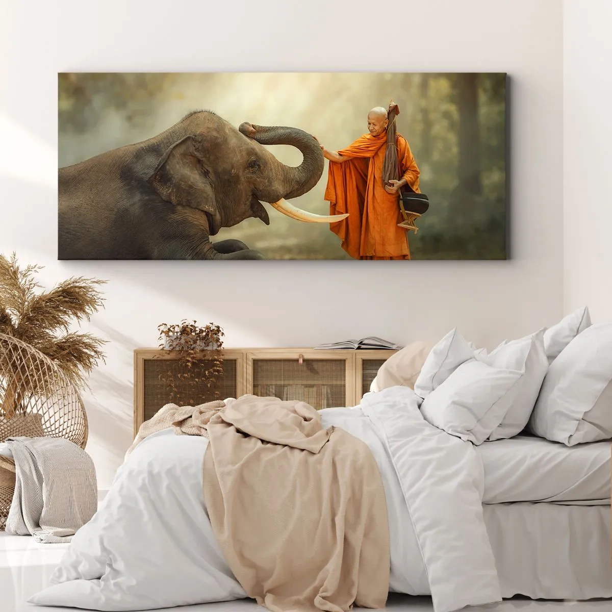 Impression sur toile - Image sur toile - Un moine et un éléphant en harmonie avec la nature en toile de fond - 140x50cm - Rencontre en voyageant - Décoration murale moderne pour le salon et la chambre ARTTOR
