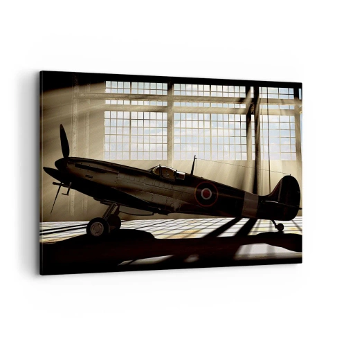Impression sur toile - Image sur toile - Un avion historique dans un hangar éclairé par la lumière du soleil - 100x70cm - Le repos du guerrier - Décoration murale moderne pour le salon et la chambre ARTTOR