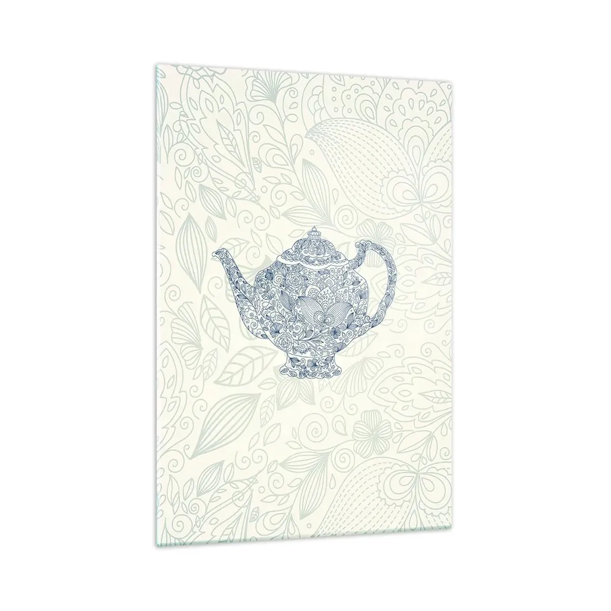 Impression sur verre - Image sur verre - Dessin décoratif d'une théière avec des ornements bleus - 70x100cm - Le charme du thé - Décoration murale moderne pour le salon et la chambre ARTTOR