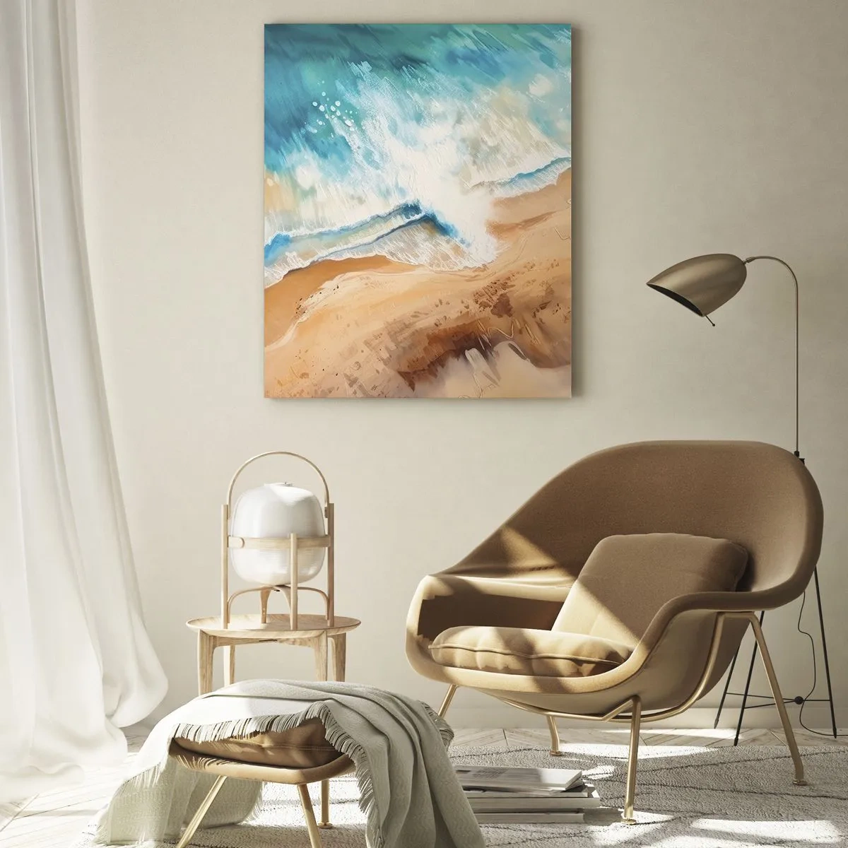 Impression sur verre - Image sur verre - Vue aérienne d'une vague bleue s'écrasant sur un rivage sablonneux - 50x70cm - La vague qui revient - Décoration murale moderne pour le salon et la chambre ARTTOR