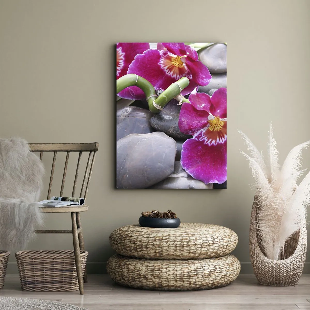Impression sur toile - Image sur toile - Orchidées roses sur fond de pierres lisses - 80x120cm - Refroidir et chauffer - Décoration murale moderne pour le salon et la chambre ARTTOR