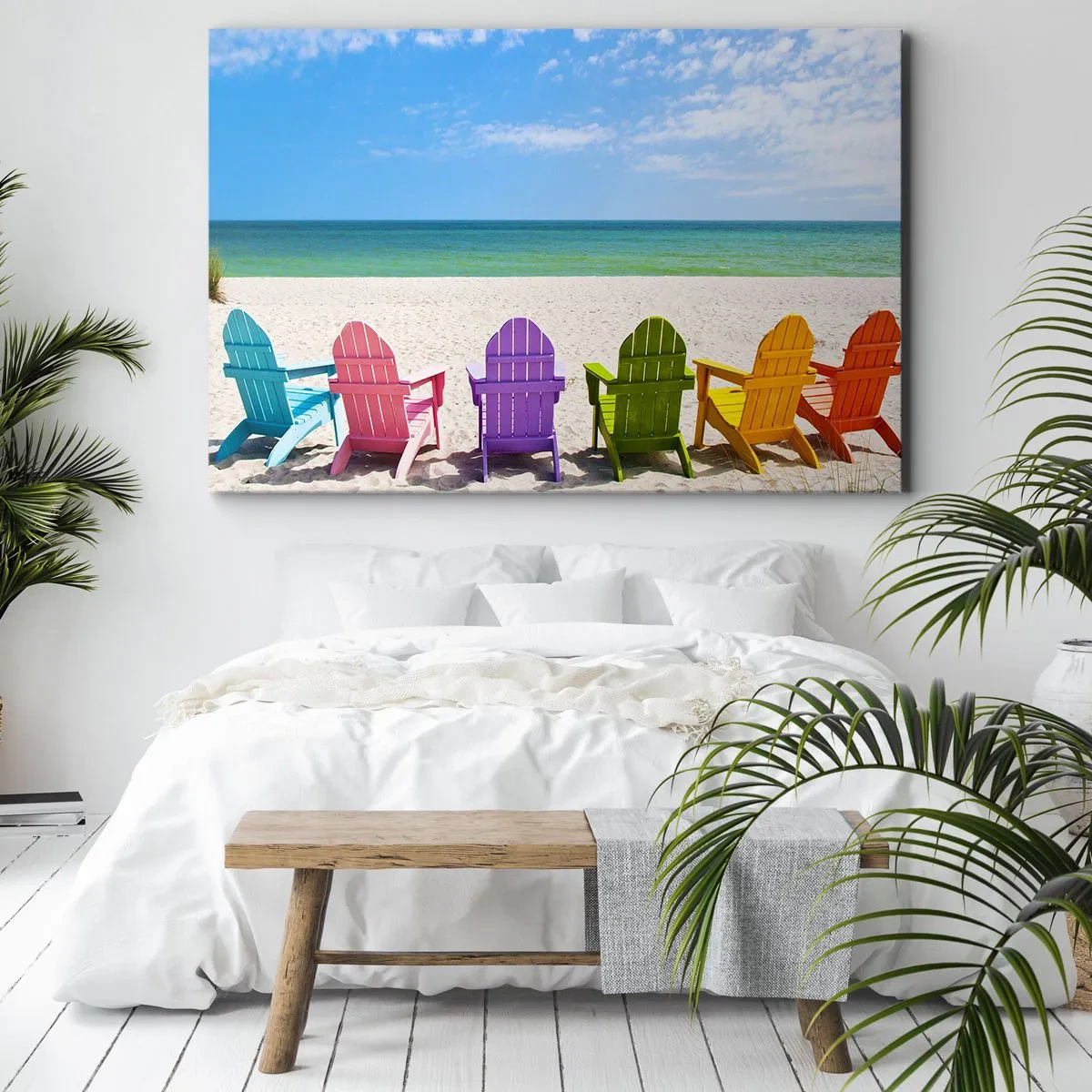 Impression sur toile - Image sur toile - Chaises longues colorées sur la plage avec vue sur la mer - 120x80cm - Plage arc-en-ciel - Décoration murale moderne pour le salon et la chambre ARTTOR