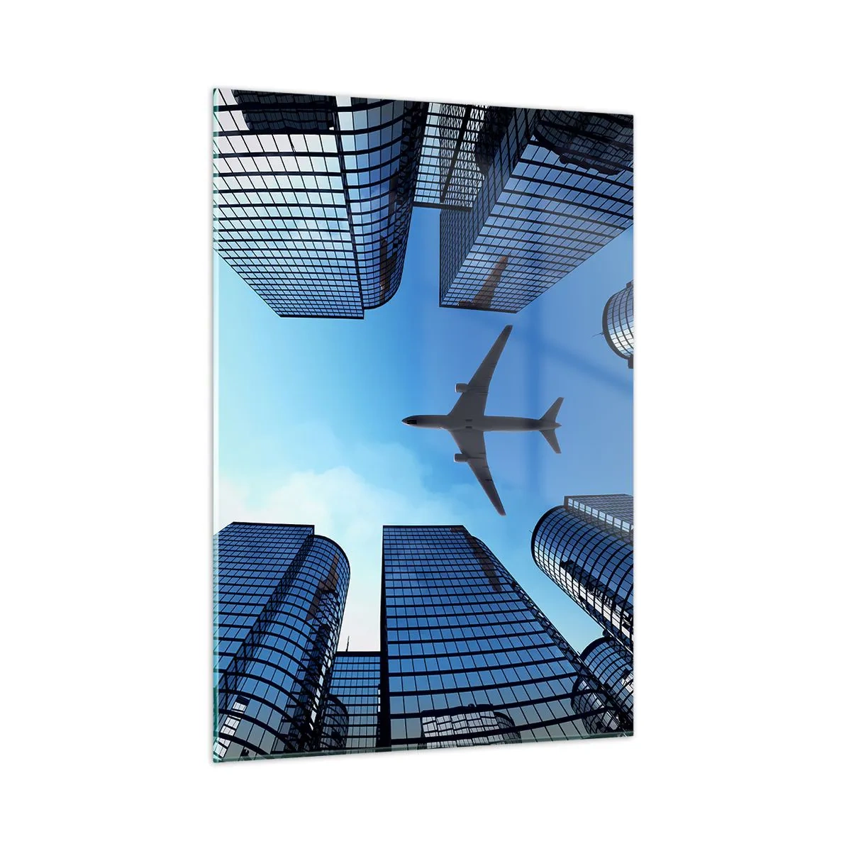 Impression sur verre - Image sur verre - Vue de l'avion entre les gratte-ciels - 50x70cm - La vue depuis le ravin de verre - Décoration murale moderne pour le salon et la chambre ARTTOR