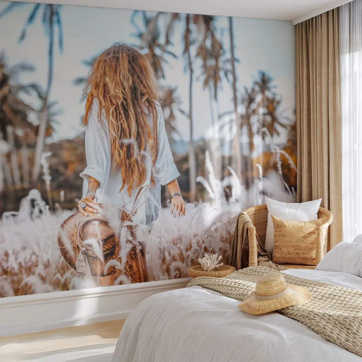 Papier Peint Photo Premium Sand - Né de peluches d'herbe - Femme, Ancien, Bohème - 350x256 cm