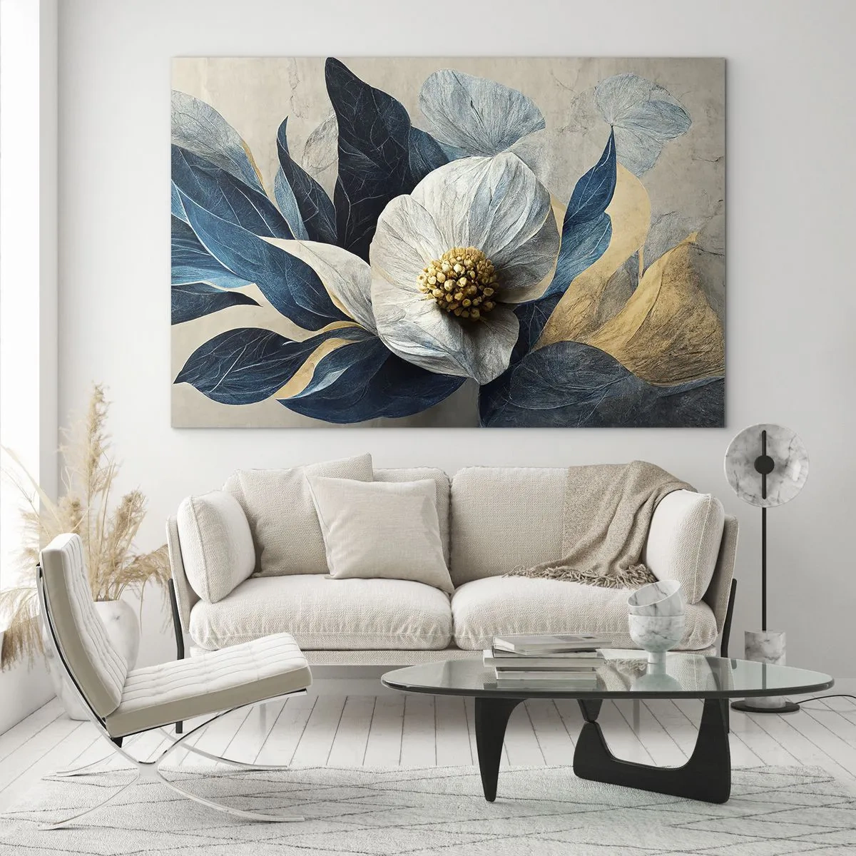 Impression sur verre - Image sur verre - Une composition florale blanche avec des feuilles bleu marine et un centre doré - 70x50cm - Il a un coeur d'or - Décoration murale moderne pour le salon et la chambre ARTTOR