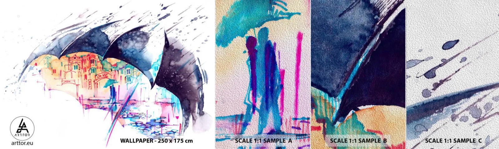 Échantillon de Papier Peint Premium Sand - Se promener sous la pluie - Abstraction, Parapluie, Architecture - 100x30 cm