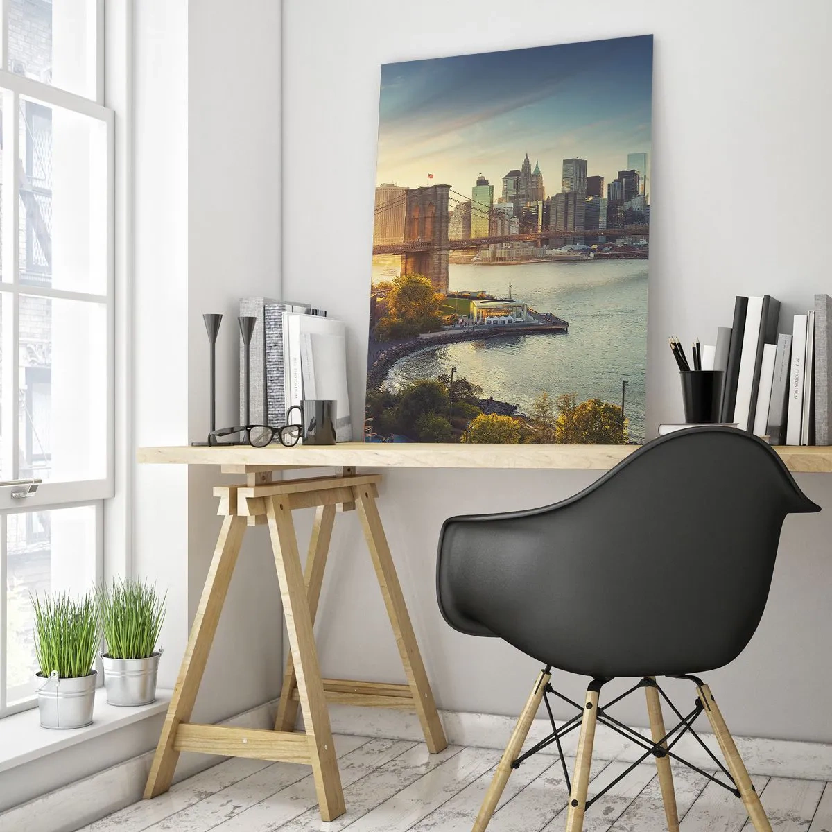 Impression sur verre - Image sur verre - Panorama de New York avec le pont de Brooklyn - 50x70cm - L'aube de la grande ville - Décoration murale moderne pour le salon et la chambre ARTTOR