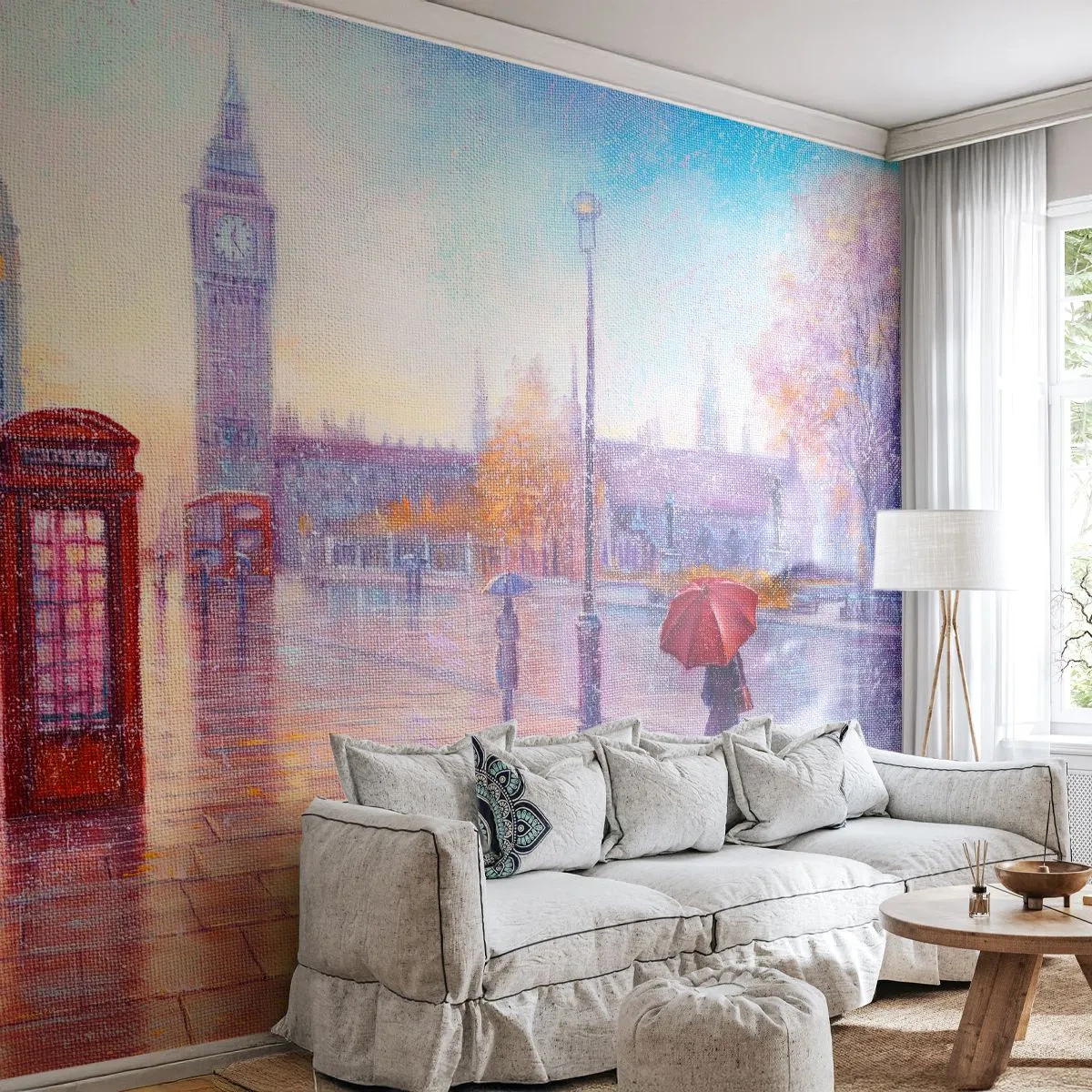 Papier Peint Photo Premium Sand - Rue romantique de Londres sous la pluie avec un parapluie rouge - 100x70cm - Jour automnal londonien - Décoration murale moderne pour le salon et la chambre ARTTOR