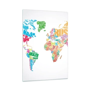 Impression sur verre - Image sur verre - Une carte du monde avec des noms de pays colorés - 50x70cm - je veux tous les rencontrer - Décoration murale moderne pour le salon et la chambre ARTTOR