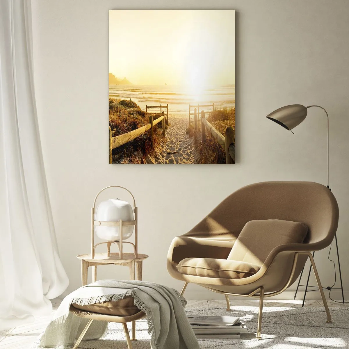 Impression sur verre - Image sur verre - Chemin vers la plage pendant un coucher de soleil doré - 80x120cm - A travers la dune, vers le soleil - Décoration murale moderne pour le salon et la chambre ARTTOR