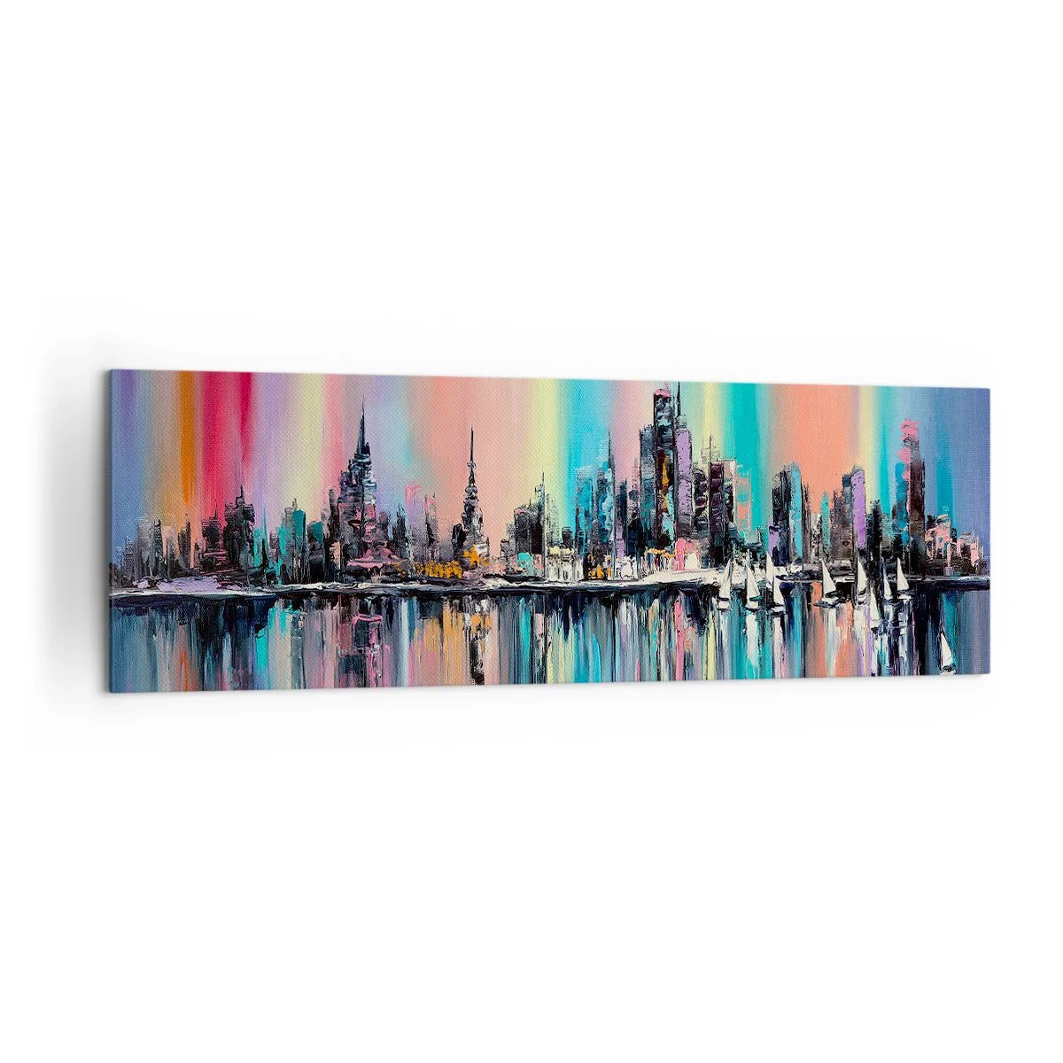Impression sur toile - Image sur toile - Paysage urbain coloré avec reflet sur l'eau - 160x50cm - Noyé par la lumière de la nuit - Décoration murale moderne pour le salon et la chambre ARTTOR