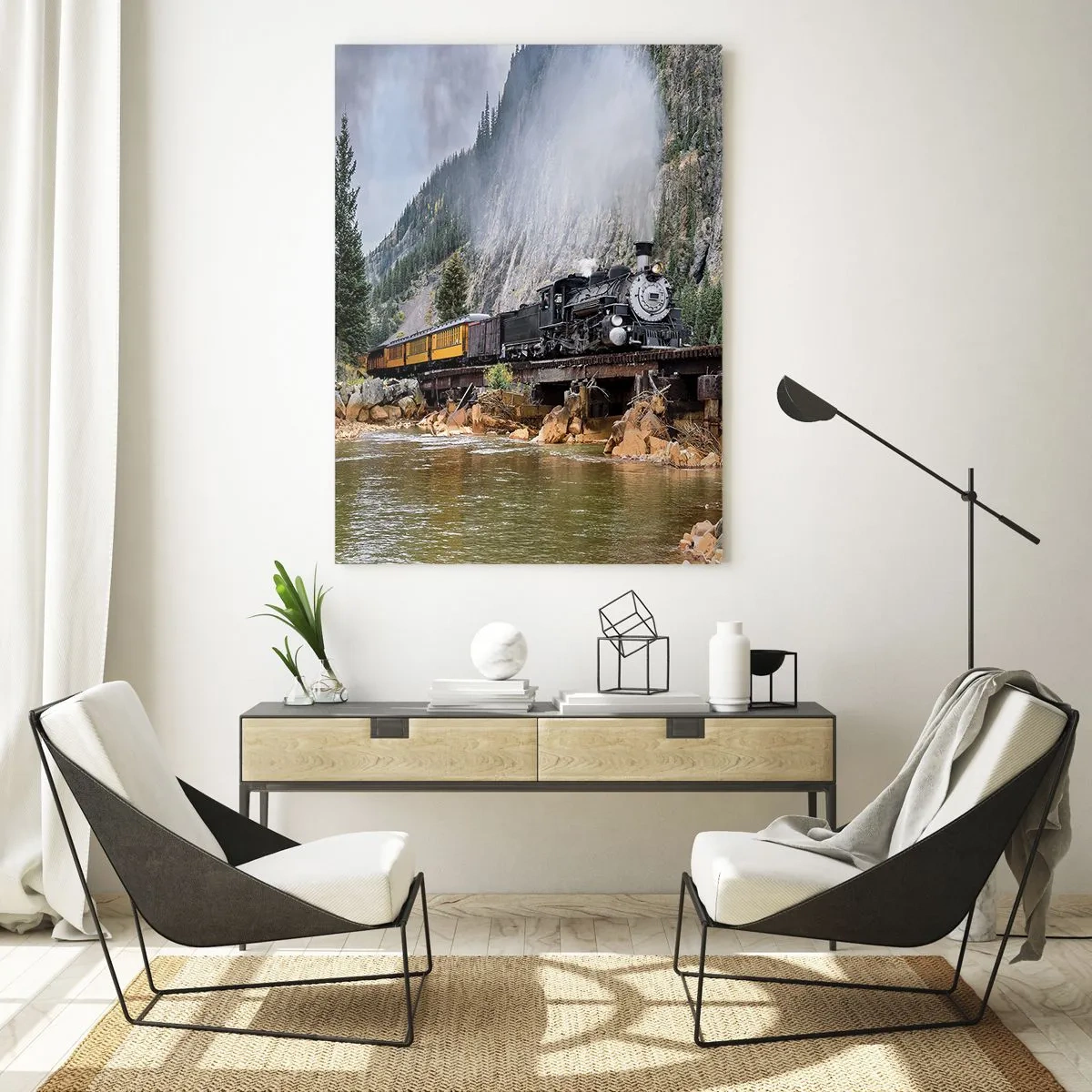 Impression sur verre - Image sur verre - Une locomotive à vapeur sur un pont dans un paysage de montagne pittoresque - 80x120cm - Et lui jusqu'où? Jusqu'où? - Décoration murale moderne pour le salon et la chambre ARTTOR