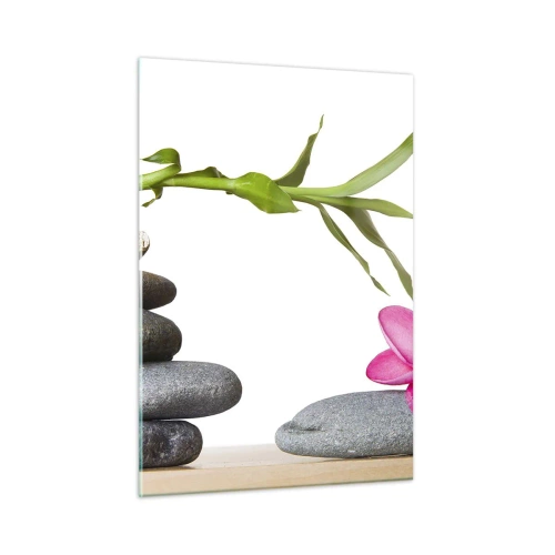 Impression sur verre - Image sur verre - Bambou, fleur rose et pierres sur fond blanc - 50x70cm - Couleurs de la vie et de la durée - Décoration murale moderne pour le salon et la chambre ARTTOR