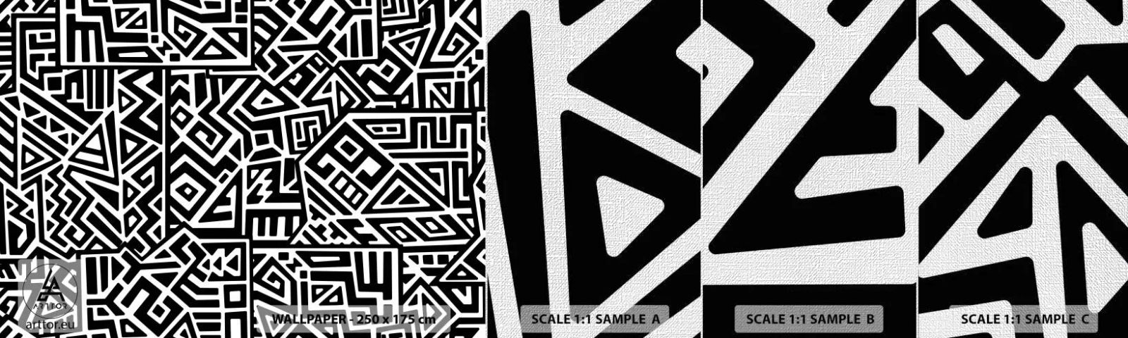 Échantillon de Papier Peint Premium Canvas - Composition précolombienne - Abstraction, Morceau, Noir et blanc - 100x30 cm